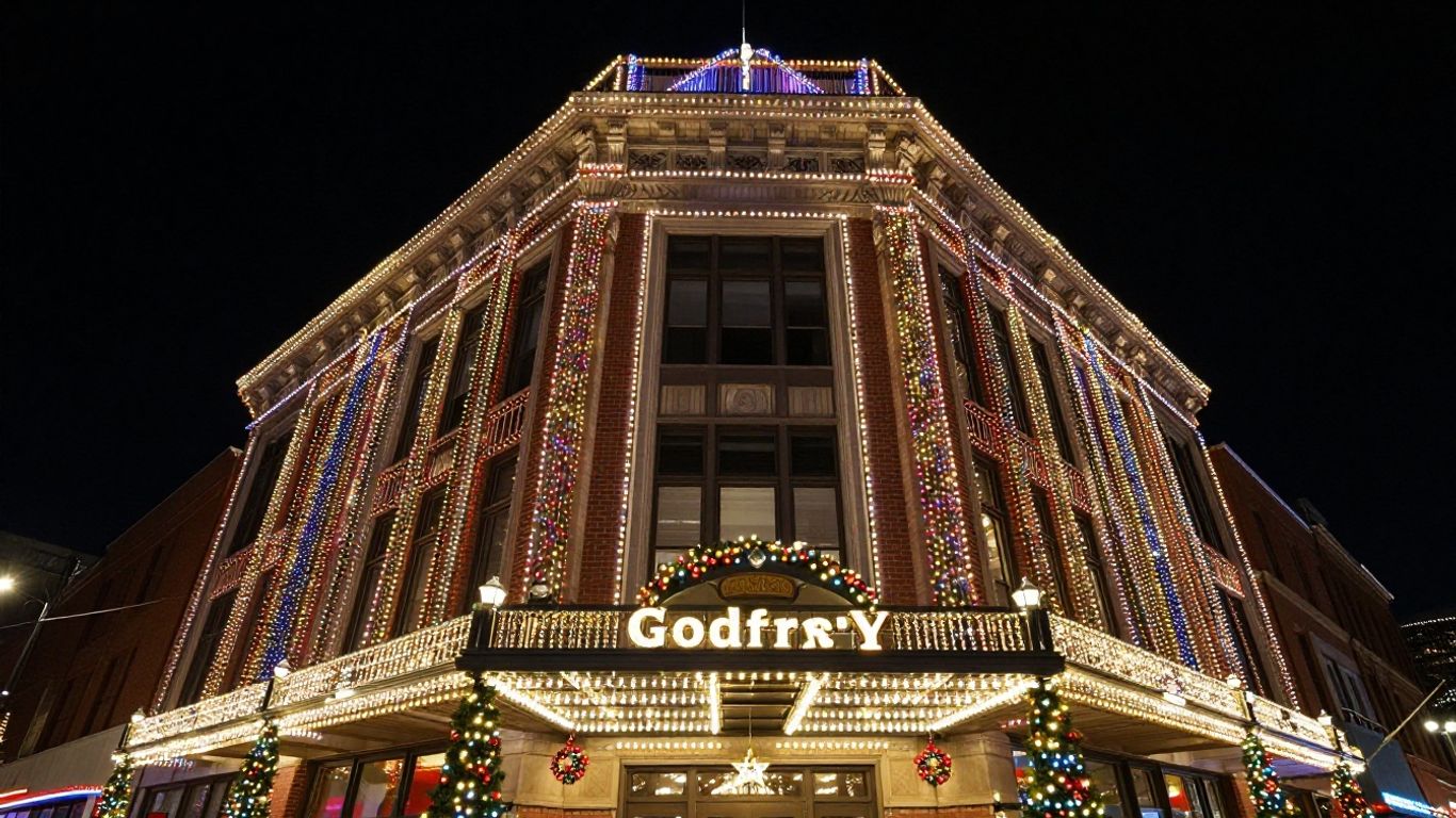 Commercial building with bright Christmas lights in Godfrey, IL.