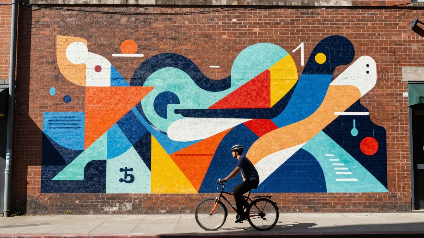 Austin mural with abstract art and a passing cyclist.