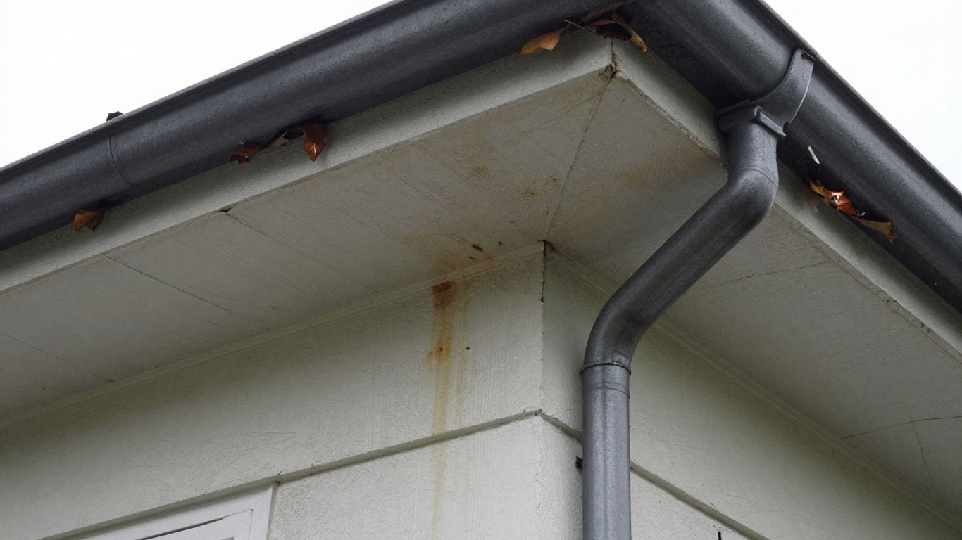 Soffit damage and clogged gutter on house corner