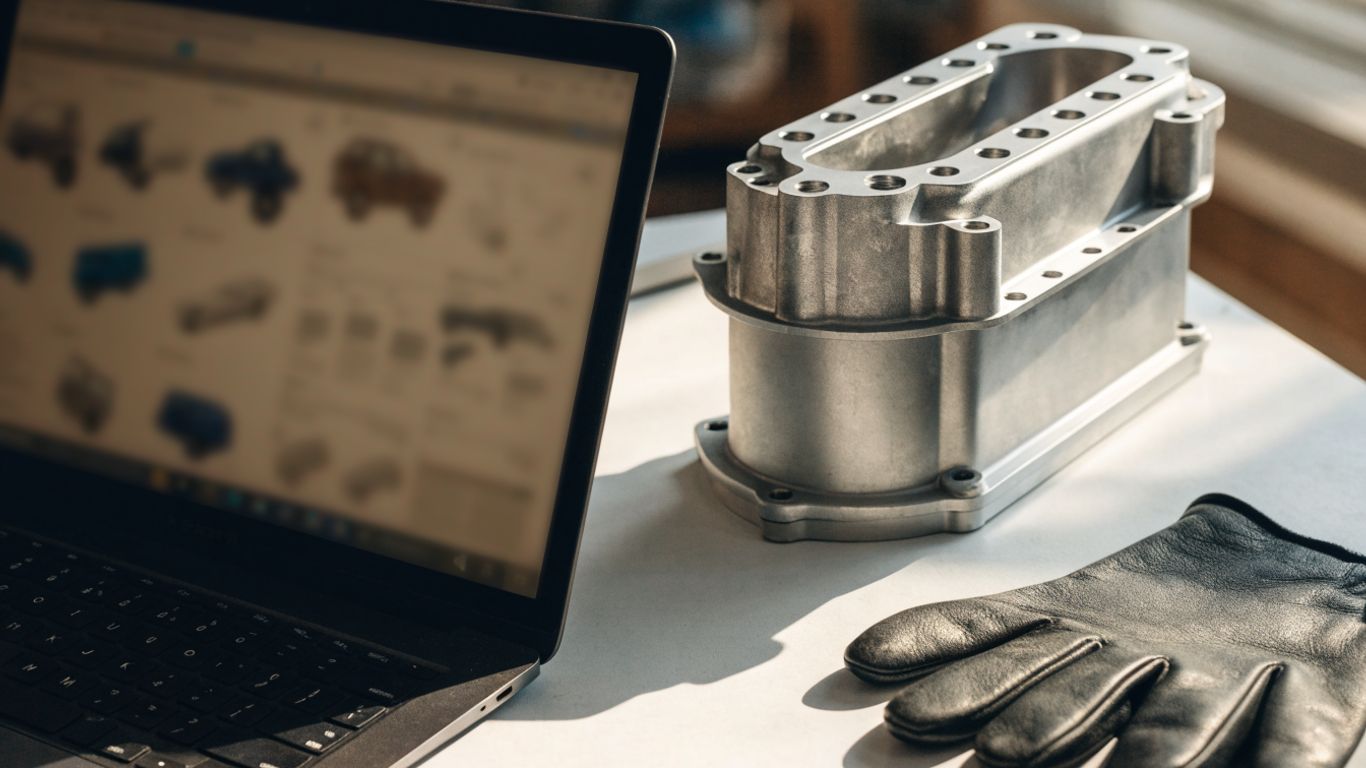 Online BMW parts listing viewed beside a car component