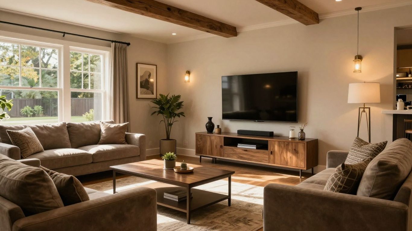 Remodeled basement living area with bar and entertainment center.