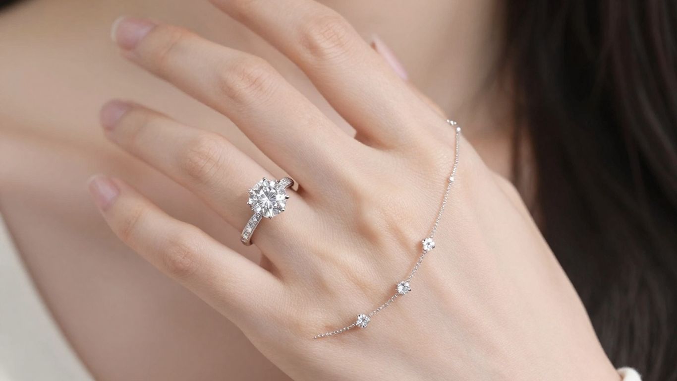 Woman's hand with diamond bracelet and ring.