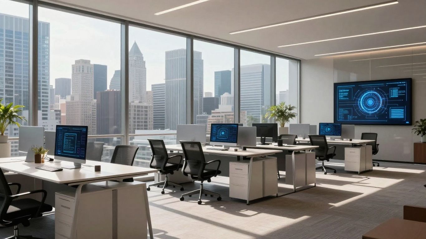 Modern office with large windows and city view.
