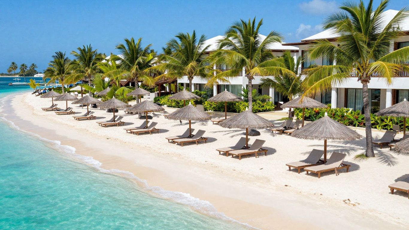 A scenic coastal resort featuring palm trees