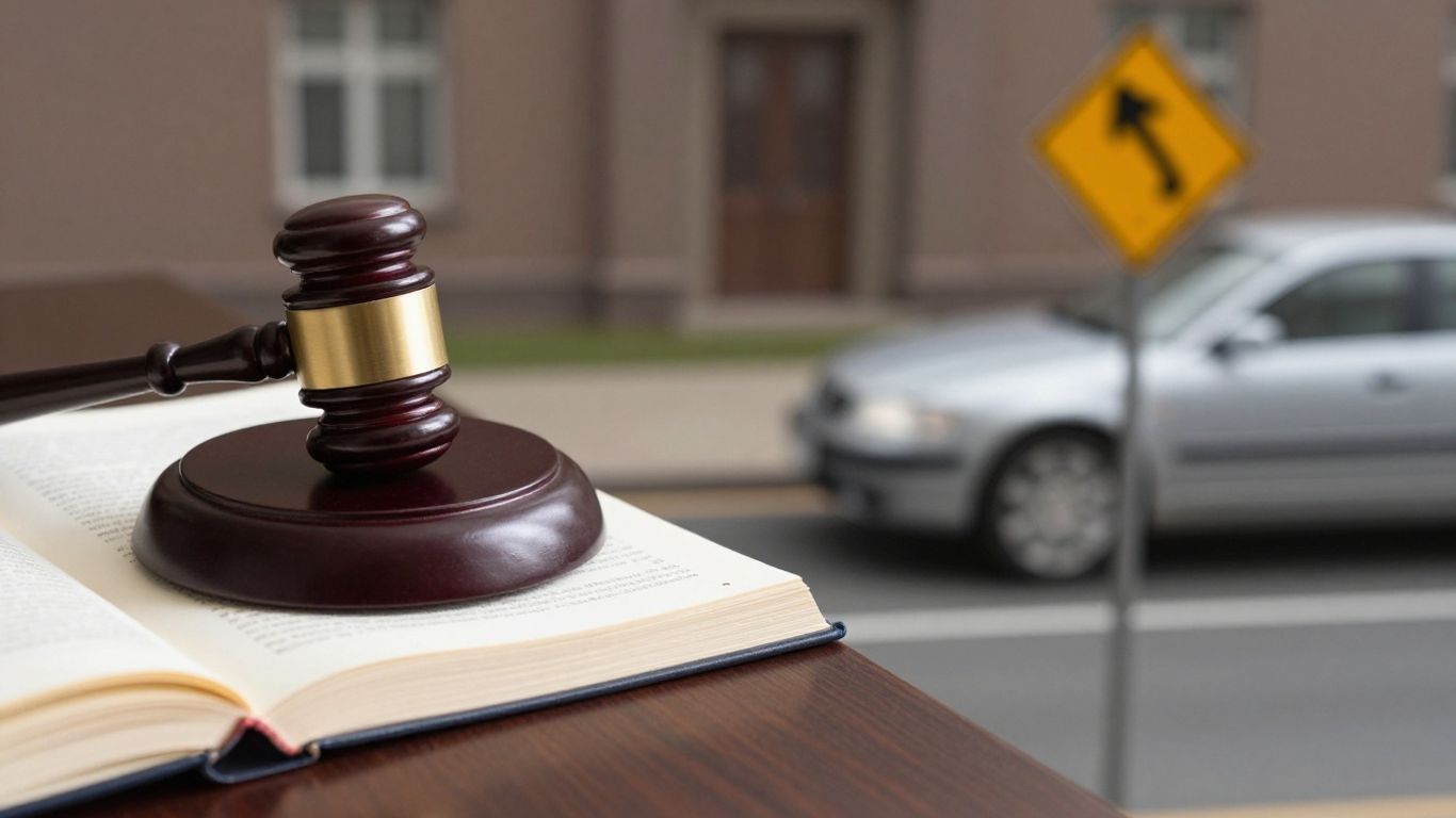 Gavel and speeding car on a road.