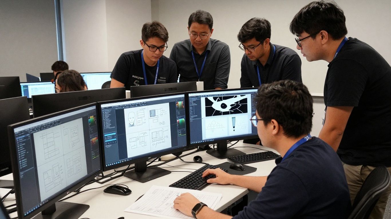 Professional production team reviewing project files