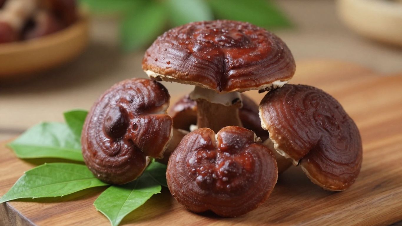 Fresh Reishi mushrooms on a wooden table with green leaves.
