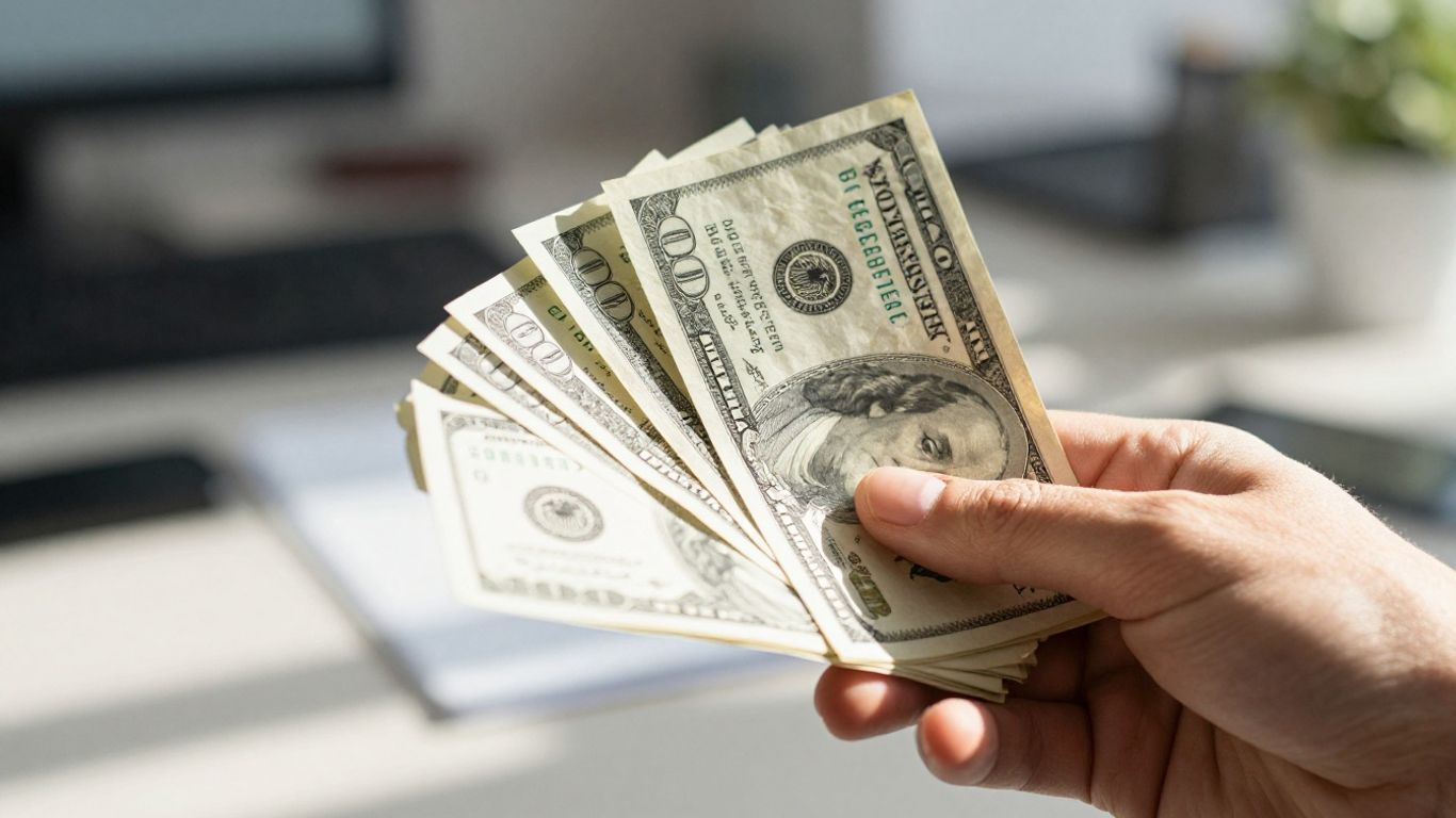 Stack of money with blurred office background.