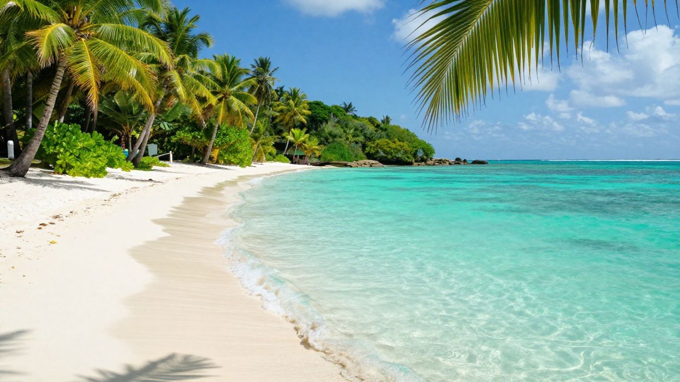 Tranquil Caribbean beach with turquoise water and palm trees.