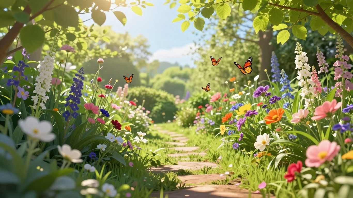 Spring garden path with blooming flowers and sunlight.