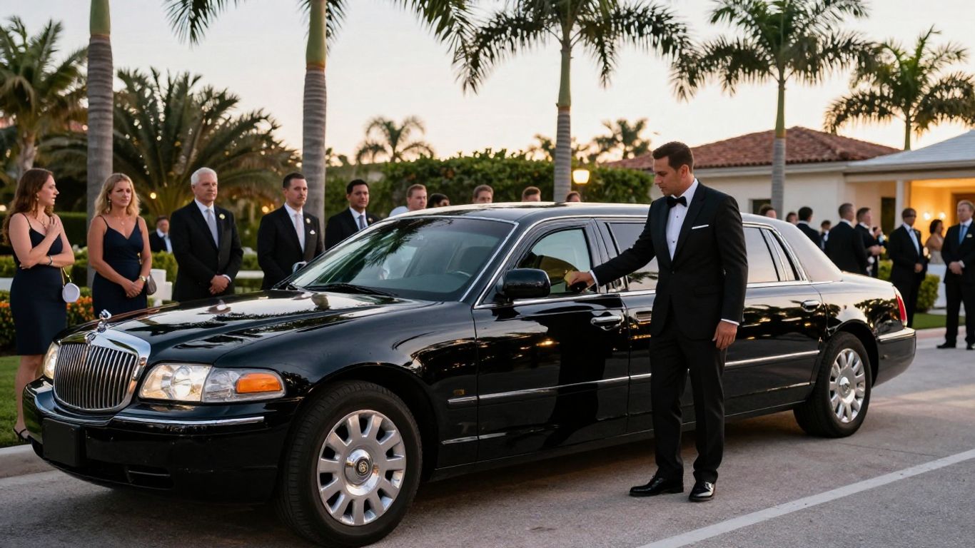 Black limousine arriving at a Palm Beach event venue
