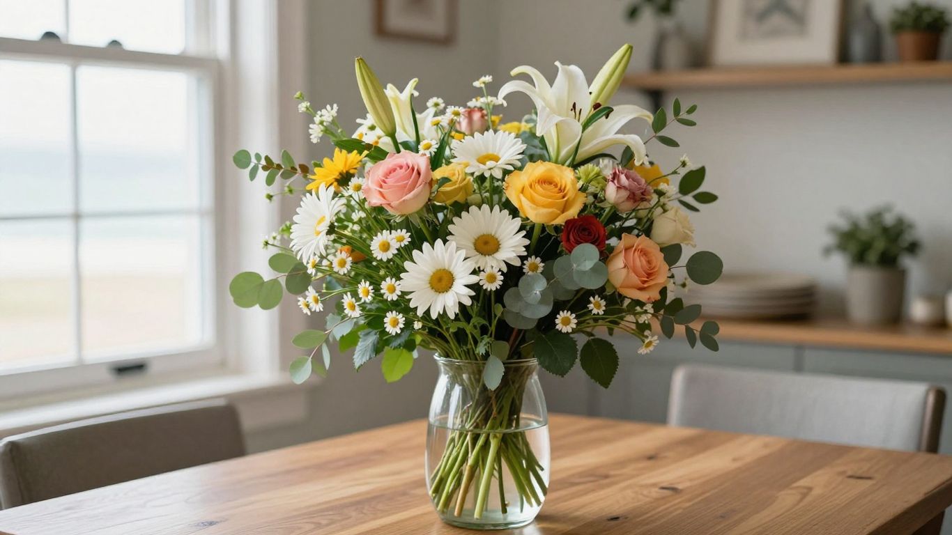 Colorful fresh bouquet beside a Seabrook window