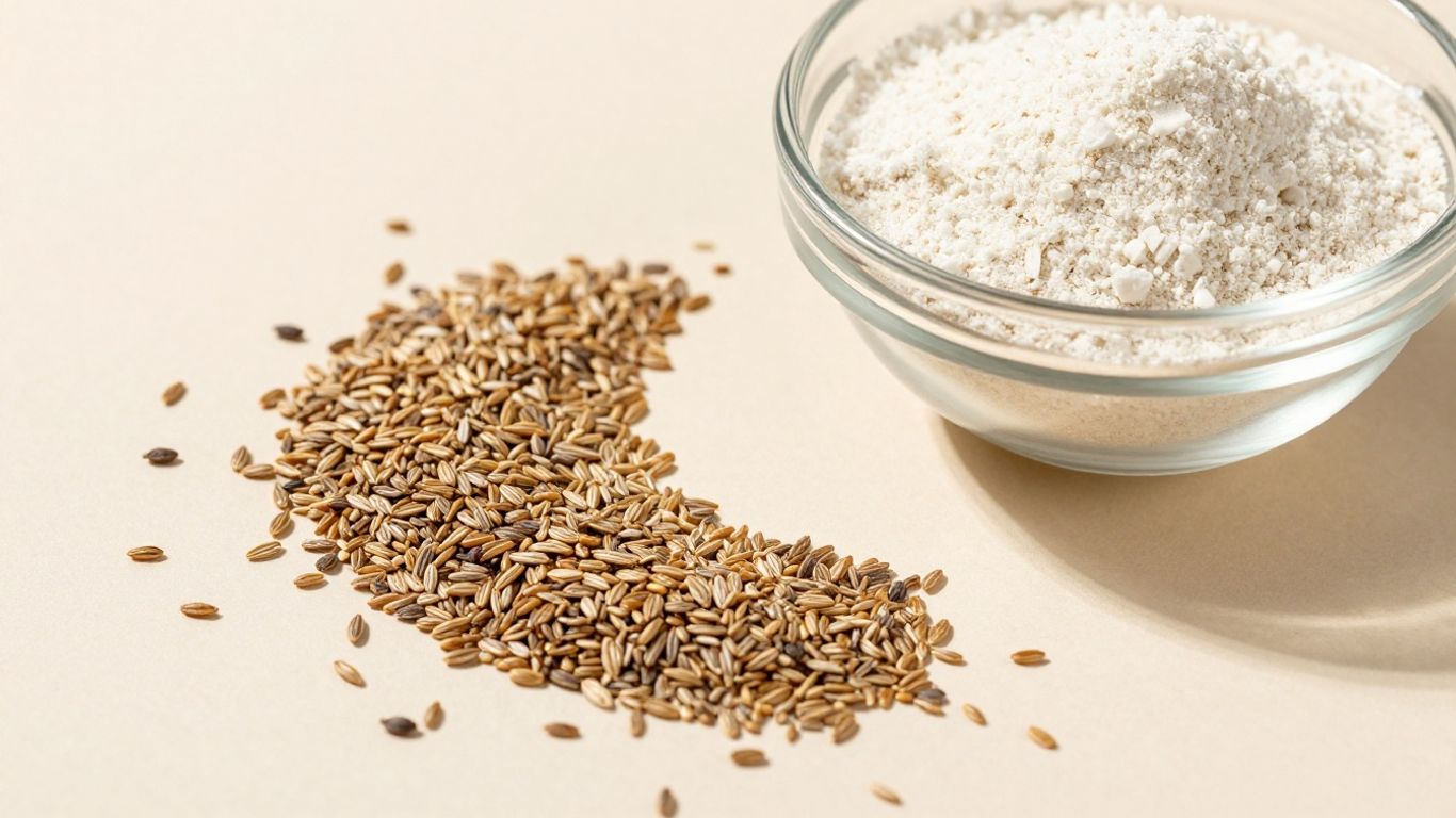 Psyllium husks and seeds with a bowl of powder.