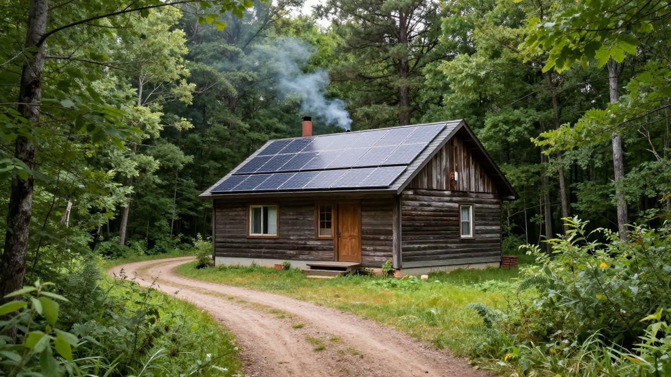 Wisconsin off-grid cabin in a forest setting.