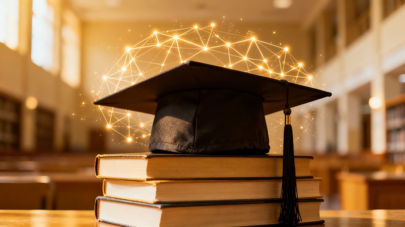Graduation cap on books with digital overlay