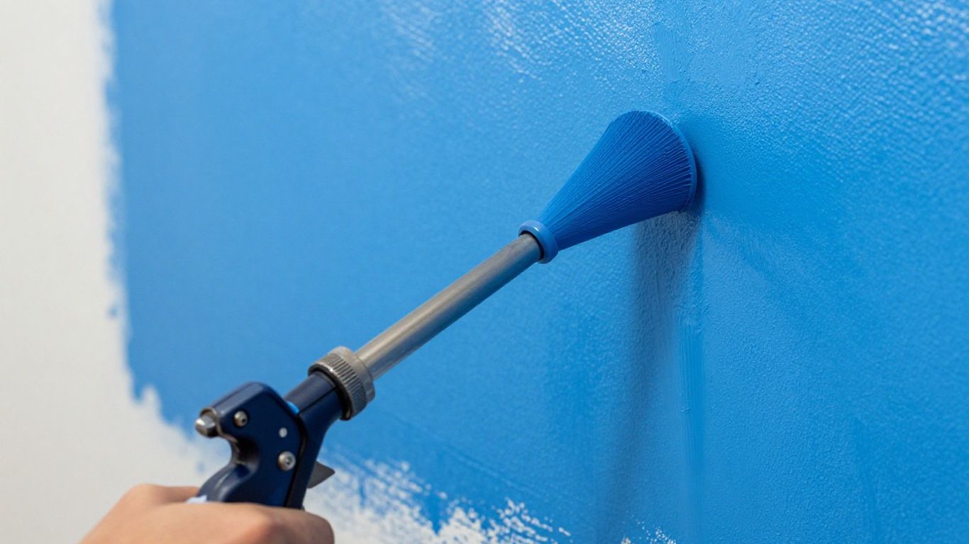 Wagner paint sprayer applying blue paint to a wall.