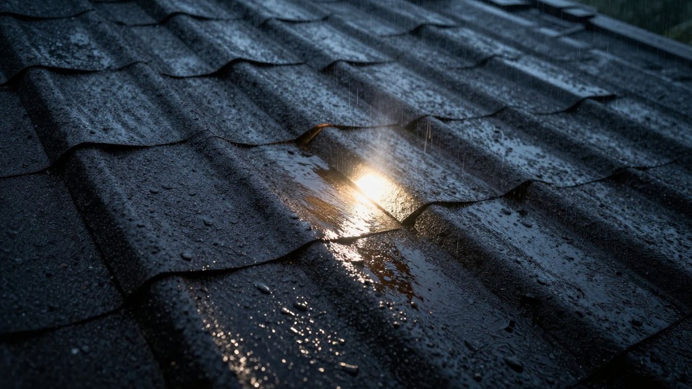 Damaged roof with water stain under dramatic lighting.