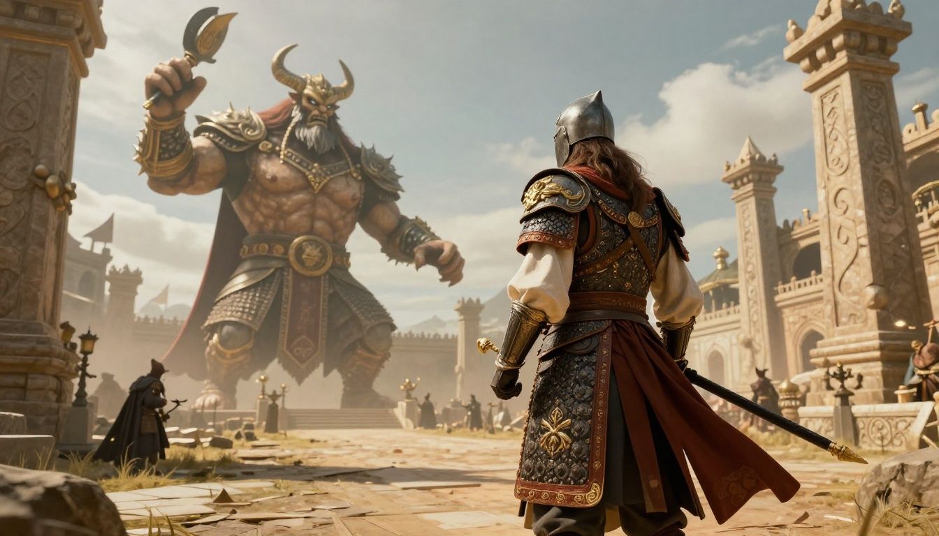 Um cavaleiro solitário em armadura ornamentada enfrentando um gigantesco boss em uma vasta arena de pedra sob um céu alaranjado