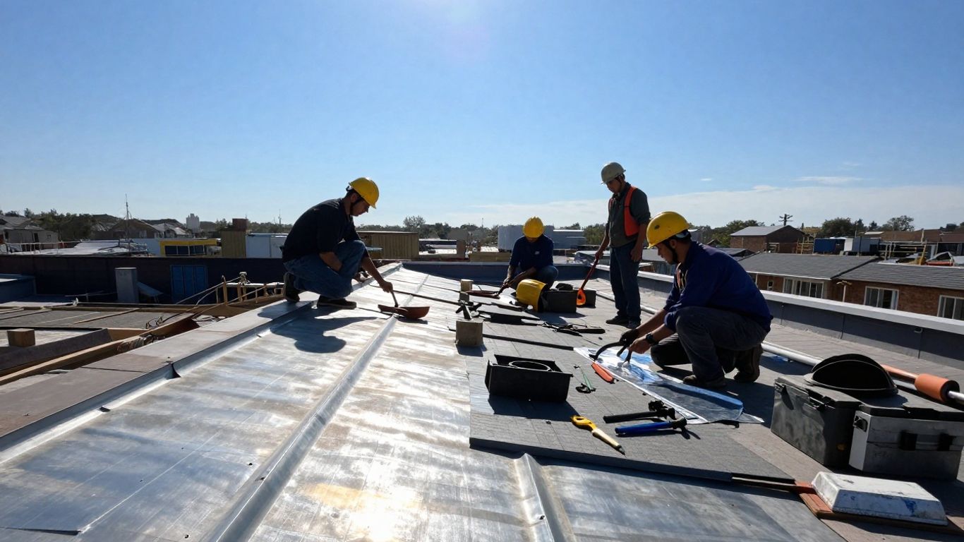 Roofing construction site with workers and tools.