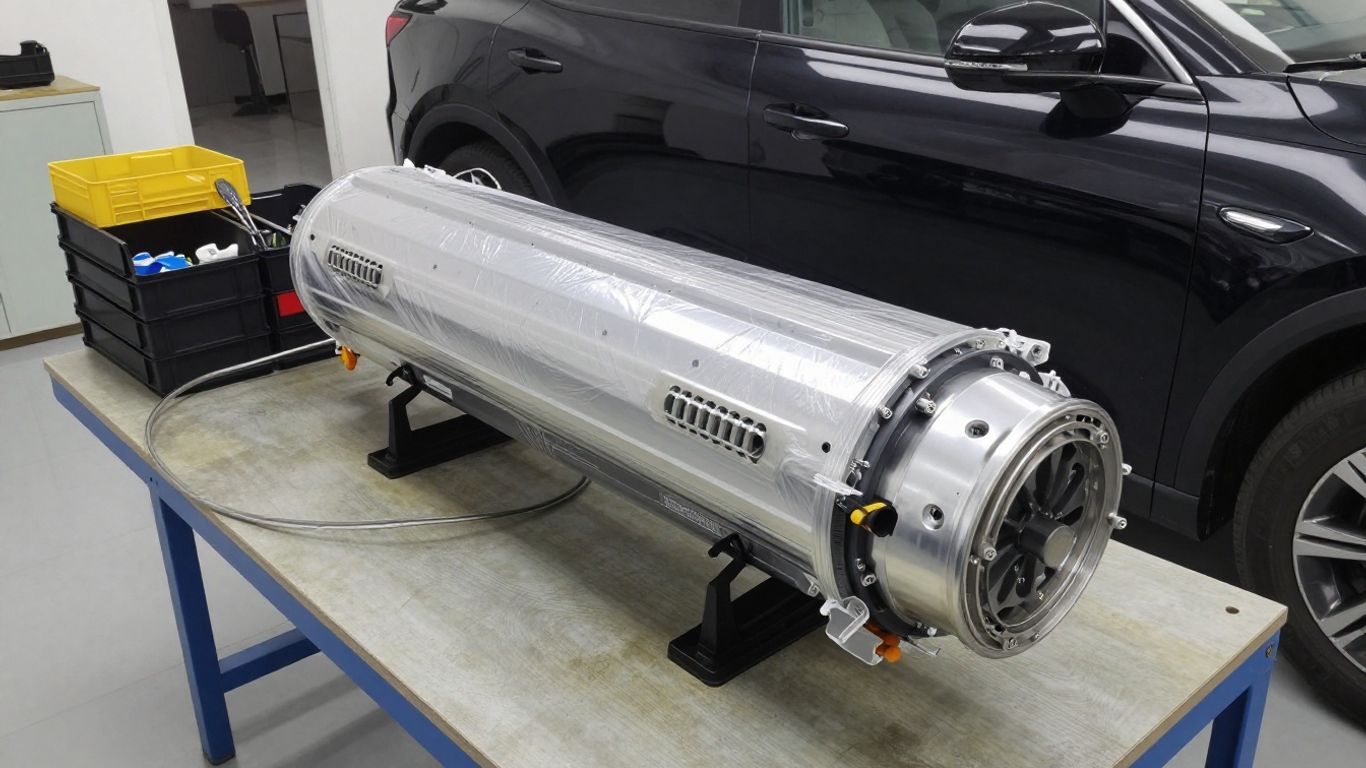 Technician inspecting packaged electric vehicle components