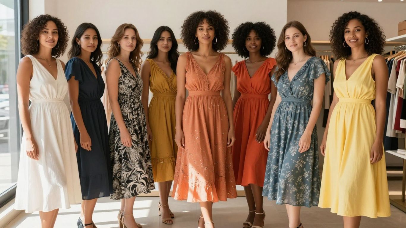 Femmes présentant diverses robes trapèzes.