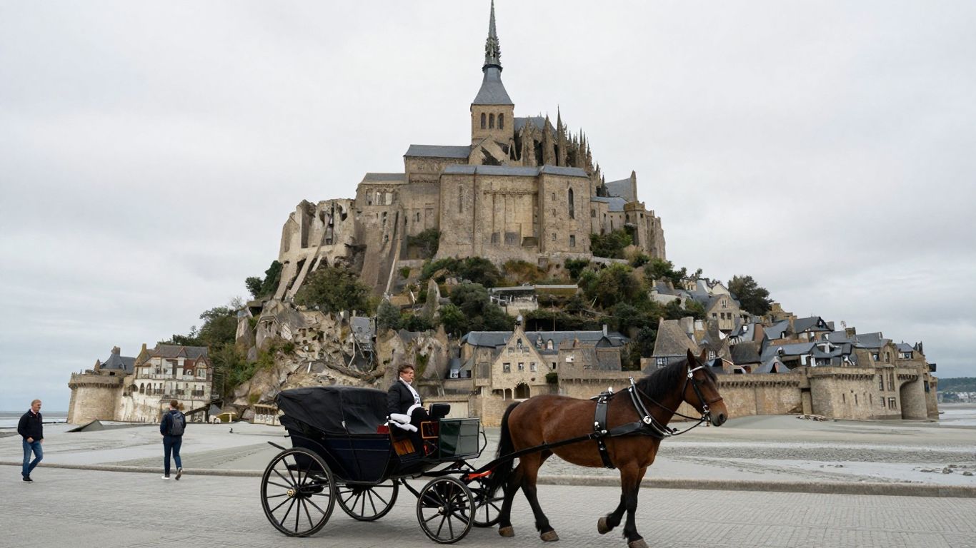 Horse-drawn carriage approaching Mont Saint-Michel