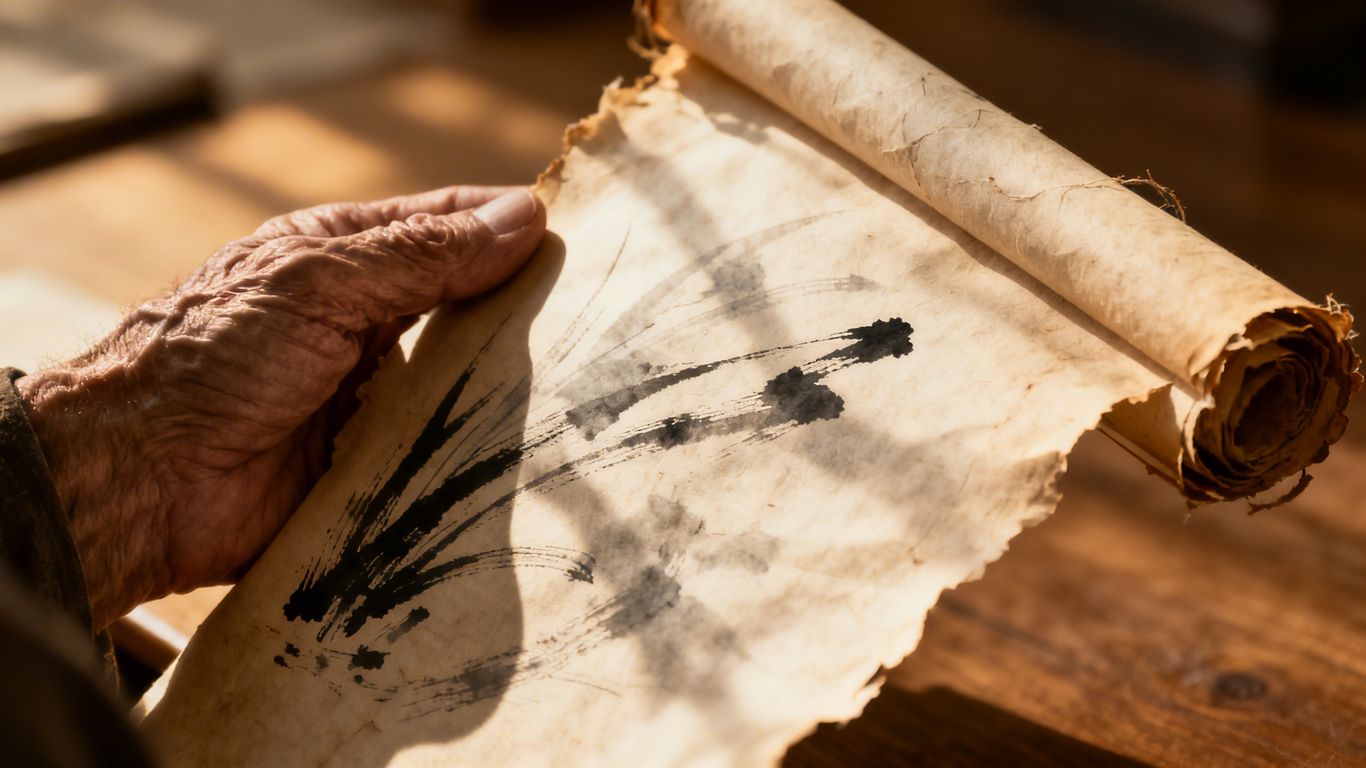 命書的特寫，手持古老卷軸，字跡清晰可見。