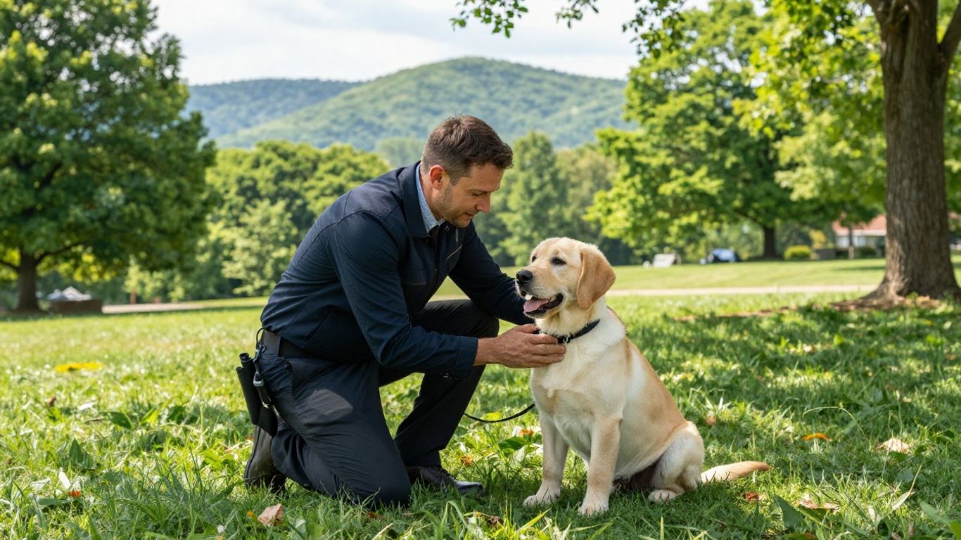 Labrador puppy training outdoors with handler in Tennessee.
