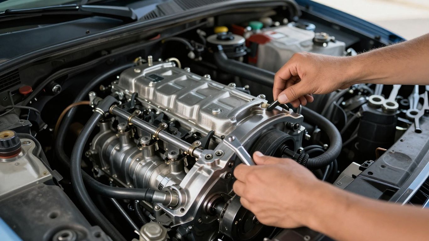 Mechanic inspecting a car engine for purchase.