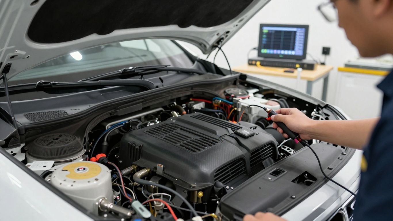 Technician testing vehicle air conditioning