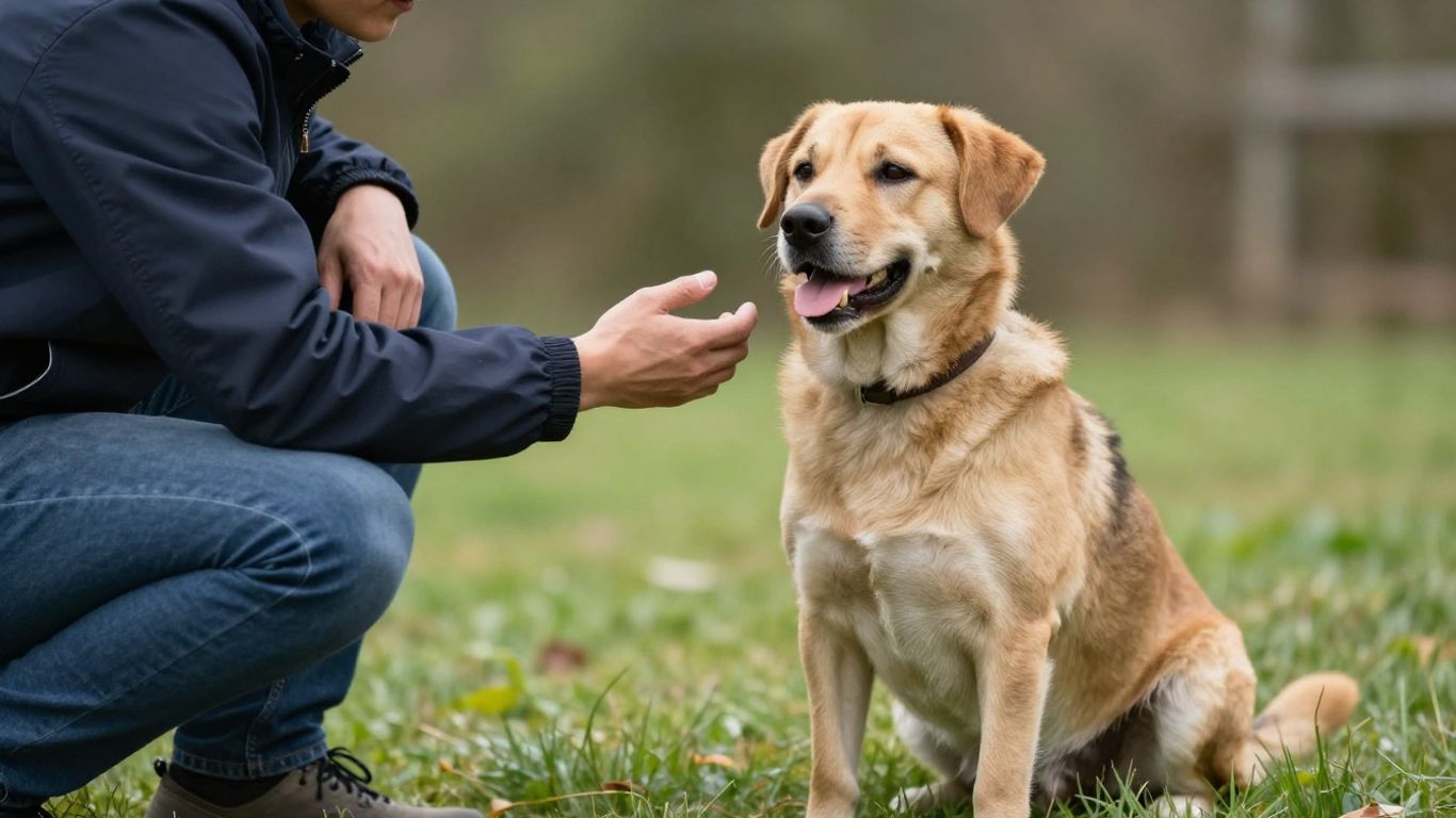 Trainer and dog communicating positively during training session.