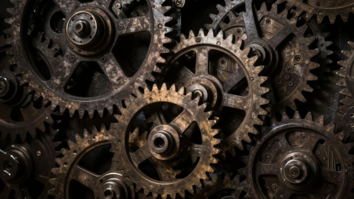 Interlocking gears and levers, some hidden, suggesting complex systems.