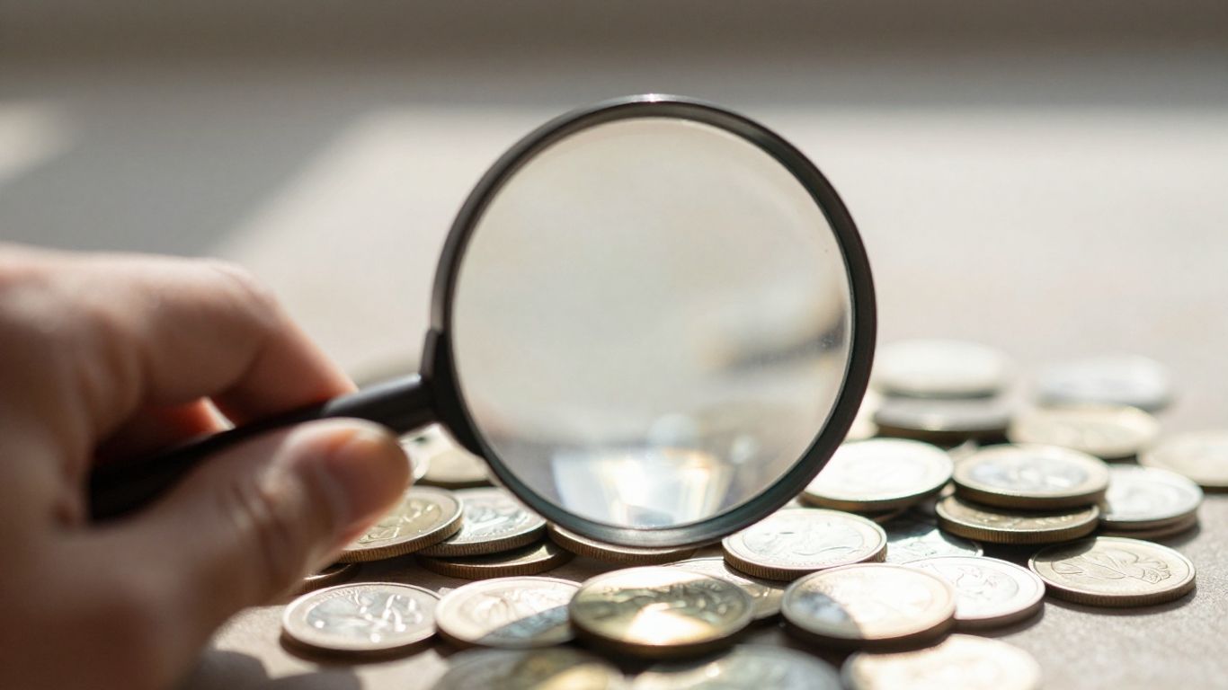 Magnifying glass over coins, financial analysis