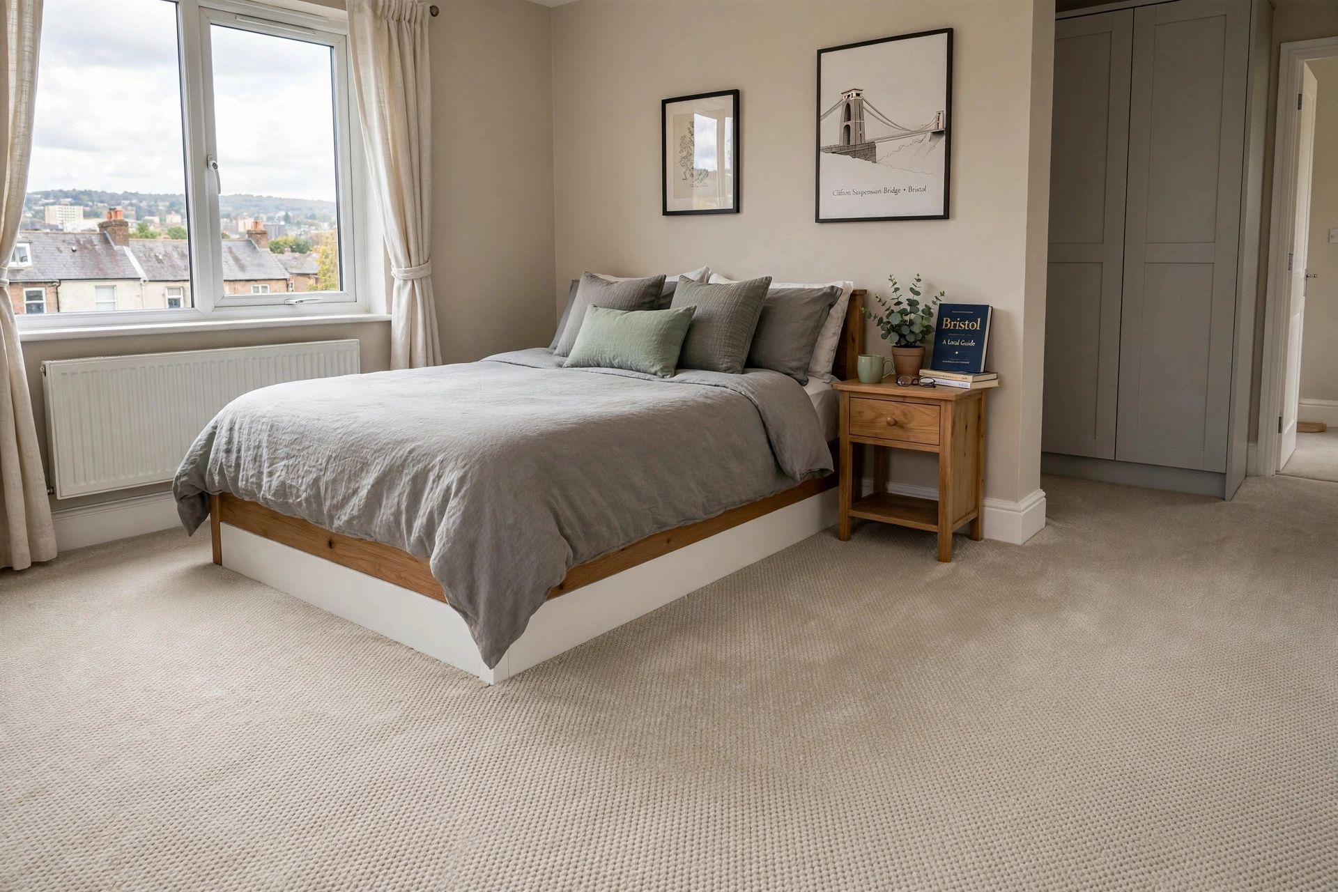 New carpet fitted in a Bristol bedroom, with a clean finish at the skirting boards