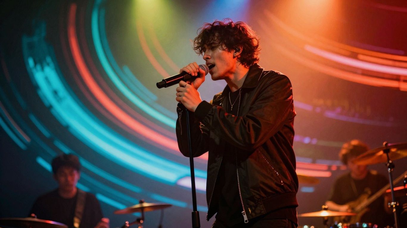 Musician performing with AI visuals on stage.