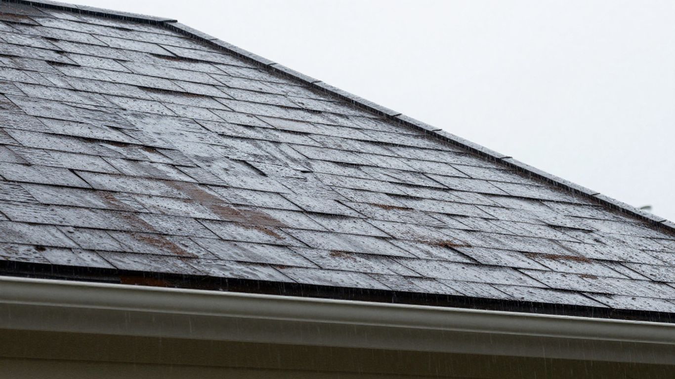 Rainy roof with water stains and wet siding on house