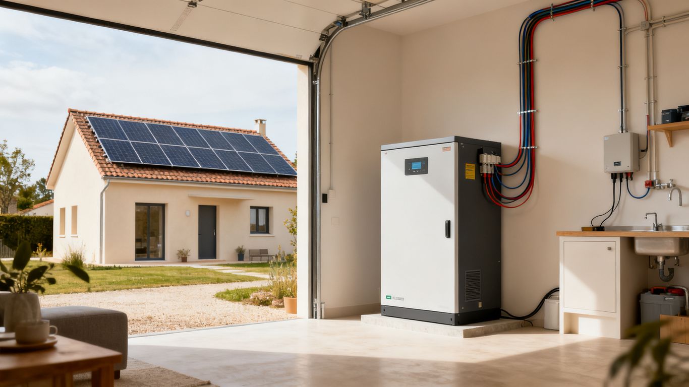 Batterie résidentielle installée près de panneaux solaires