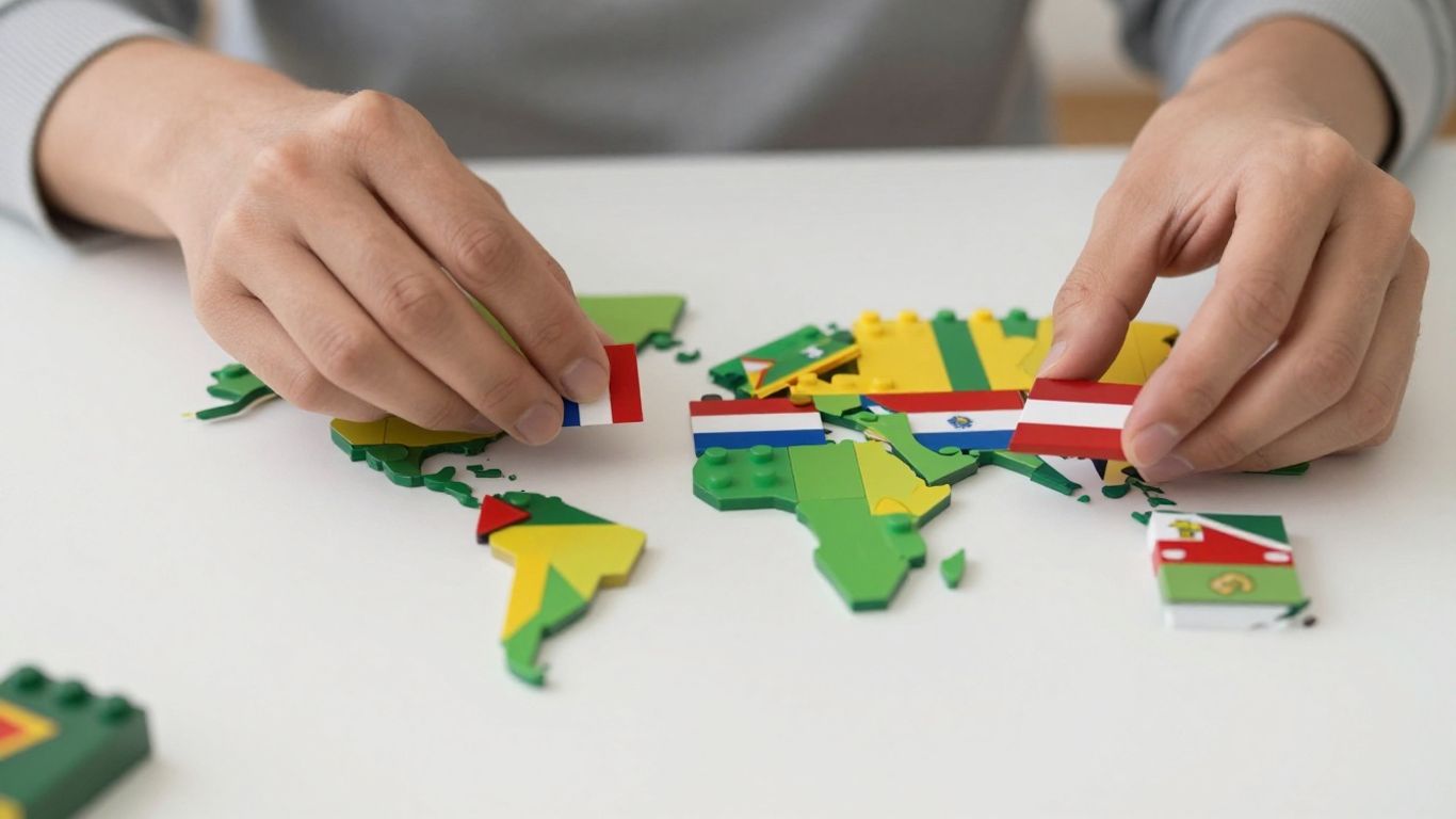 Mains plaçant des drapeaux de pays sur des blocs.