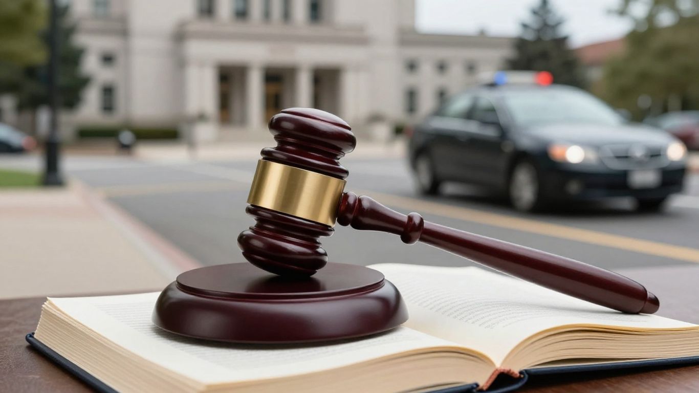 Gavel on book with courthouse and car background