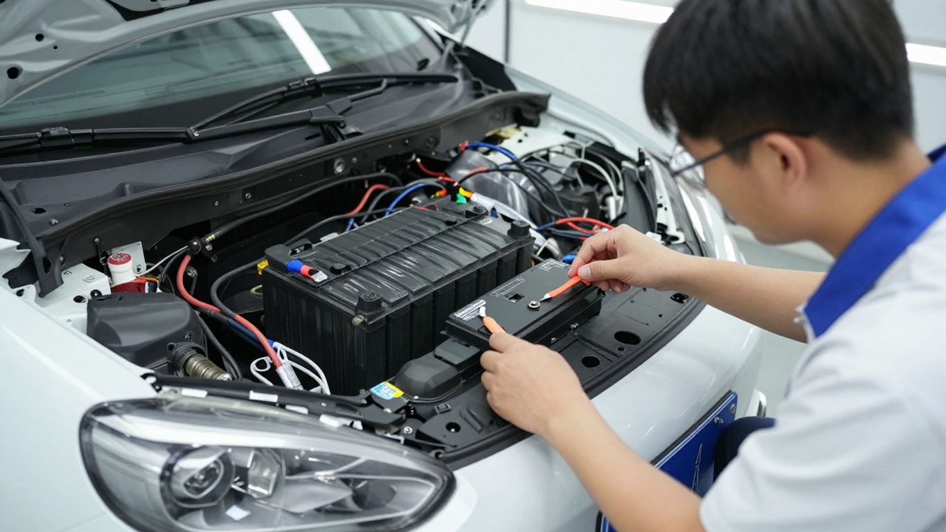 Photographic technician inspecting an EV battery component