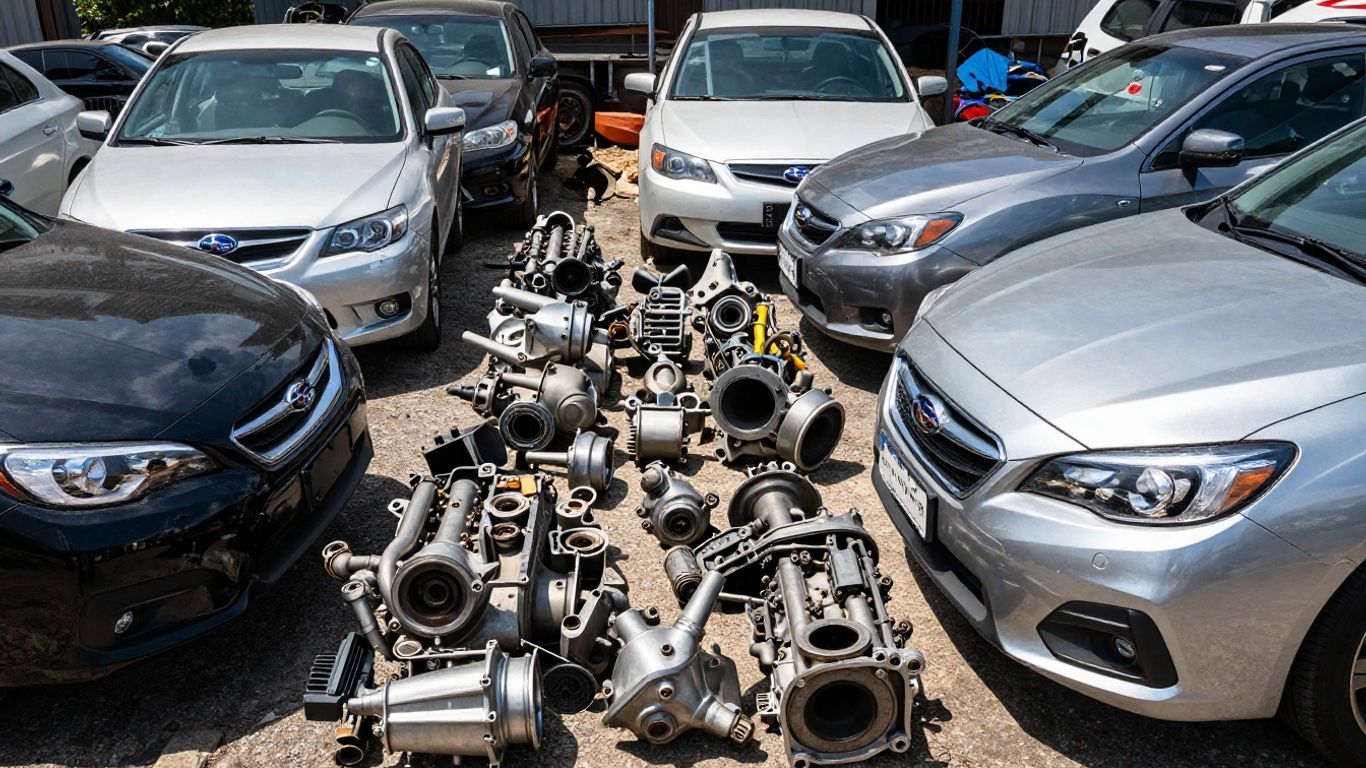 Subaru car parts in a wrecking yard