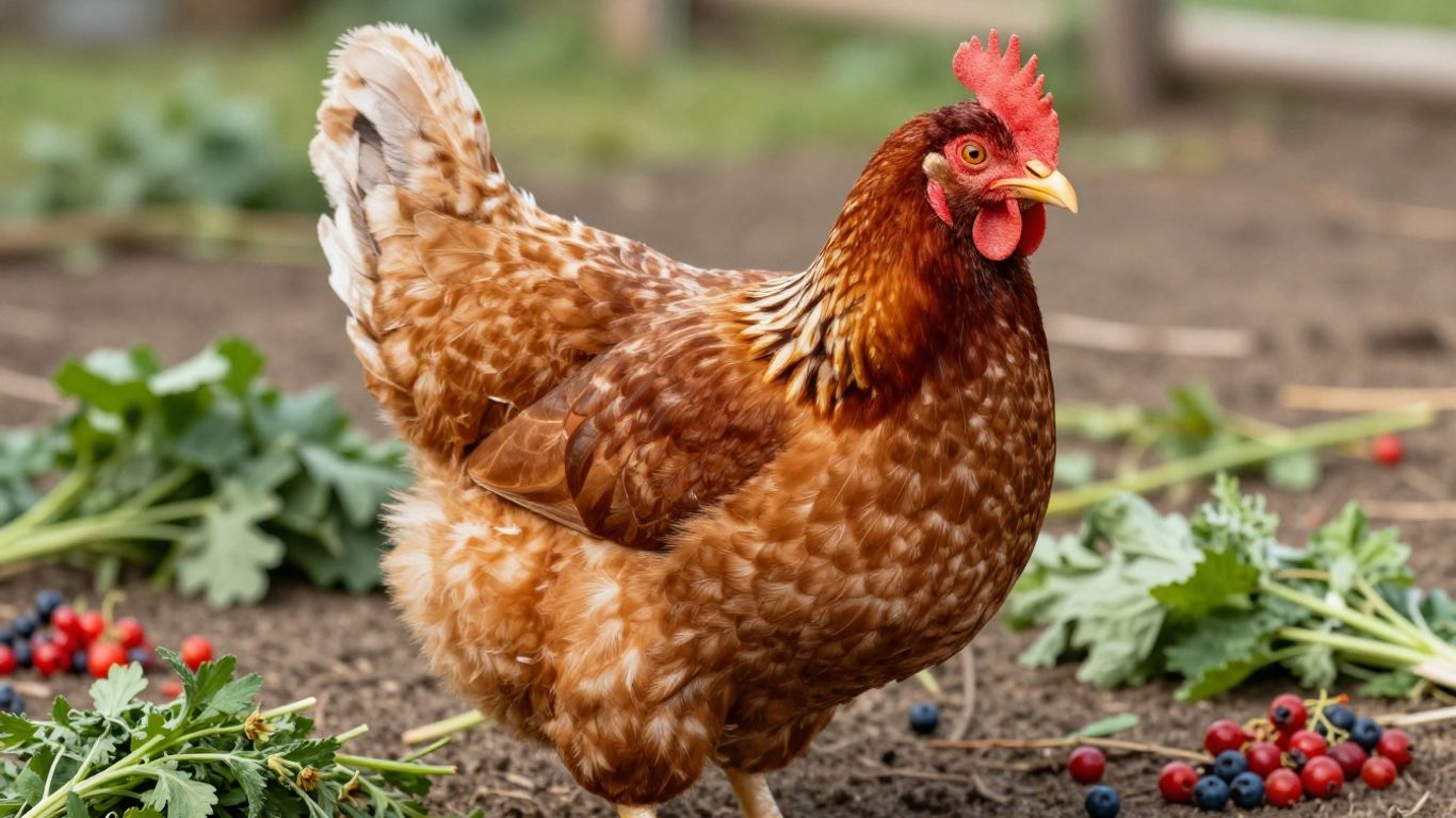 Zdrowy kurczak z ziołami i jagodami na podwórku.