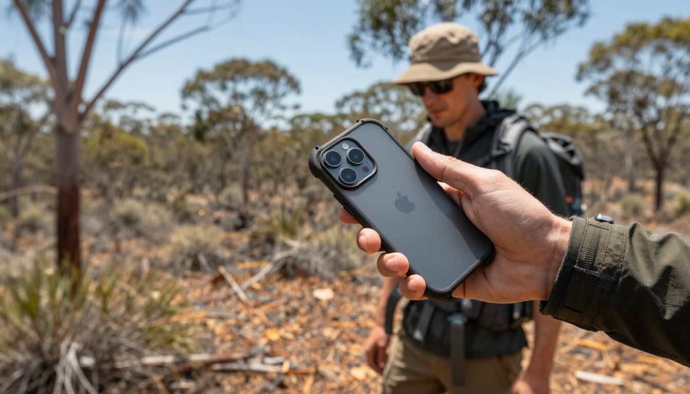 A person using their iPhone 16 Pro Max in a heavy-duty case while hiking in the Australian bush.