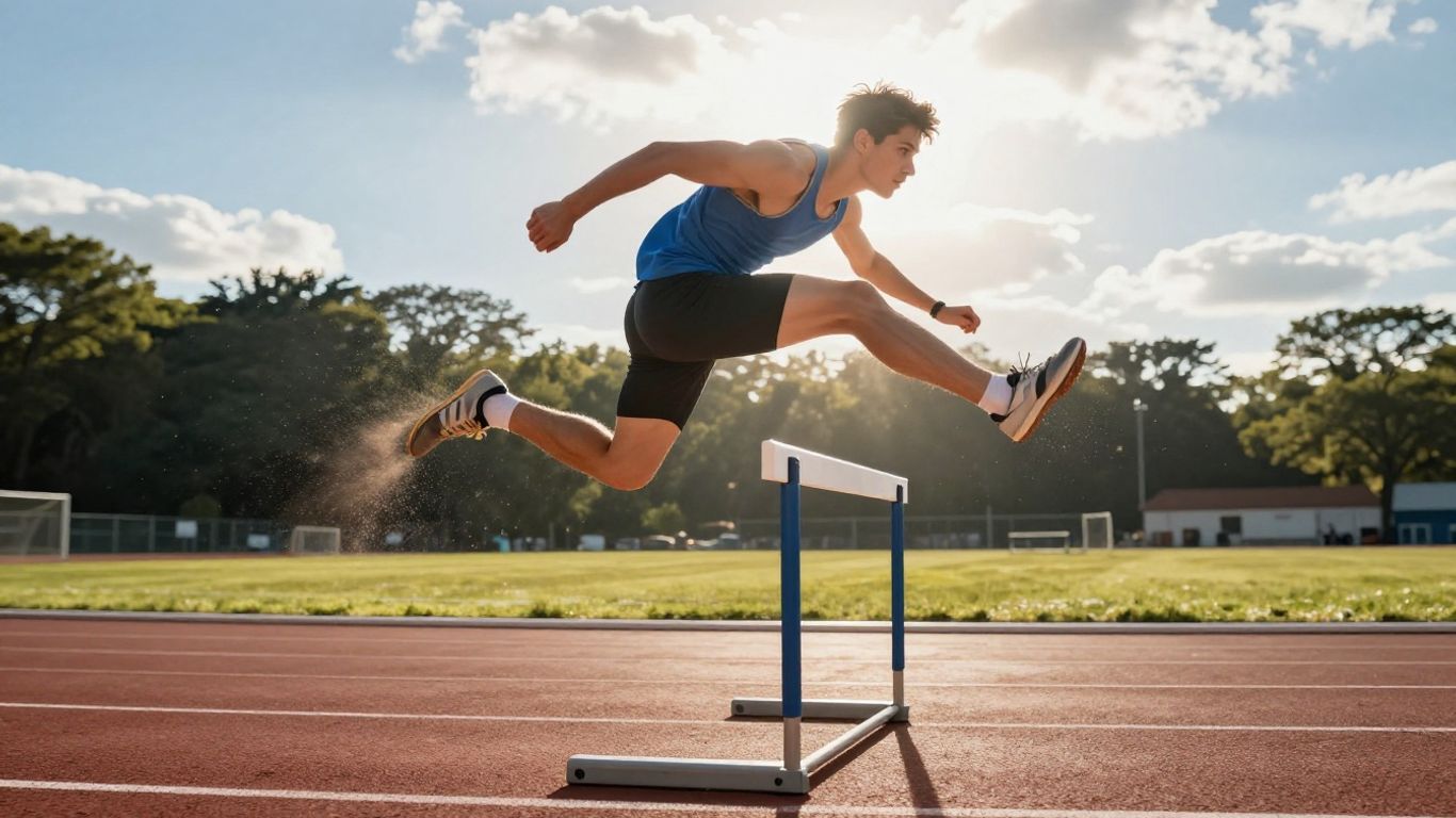 Person leaping over a hurdle towards a bright future.