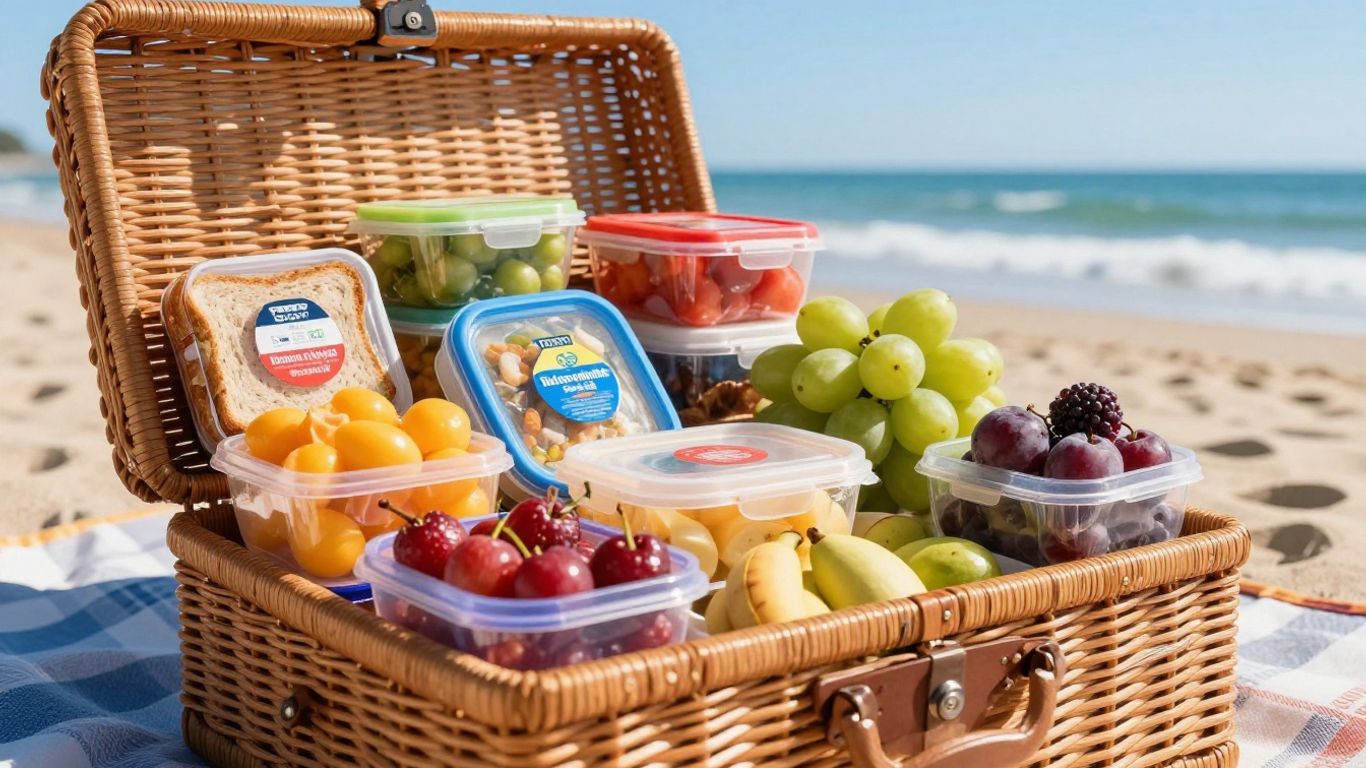 Beach picnic basket filled with food on sand.