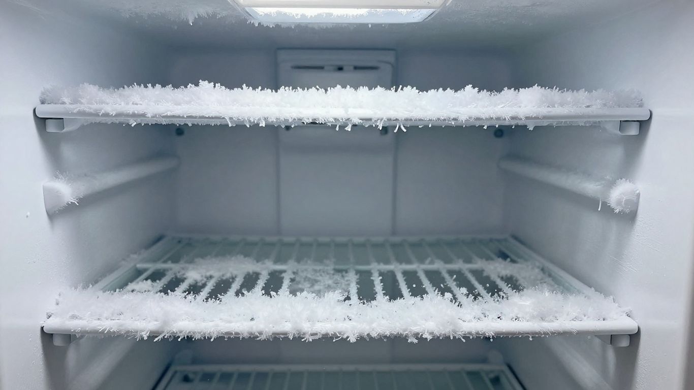 Givre épais à l'intérieur d'un congélateur.