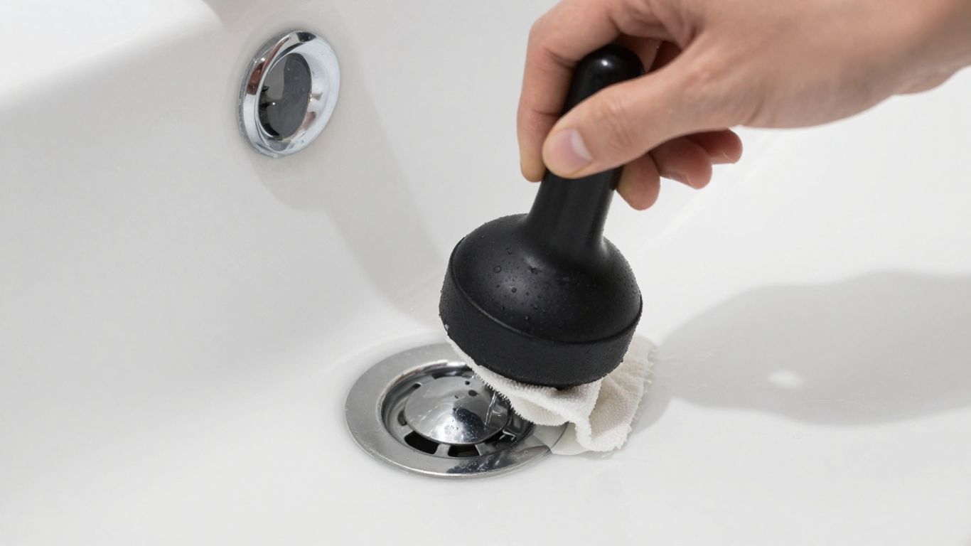 Plunger positioned over a bathtub drain