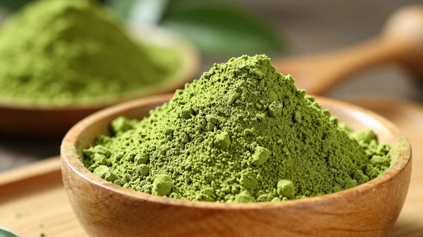 Vibrant green matcha powder in a wooden bowl with tea leaves.