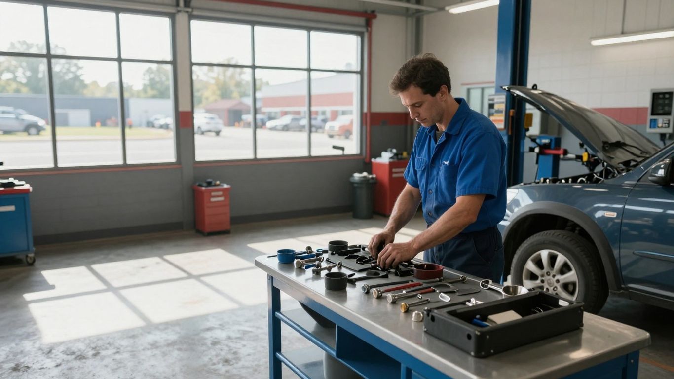 Canadian Tire auto service bay with mechanic working on car.
