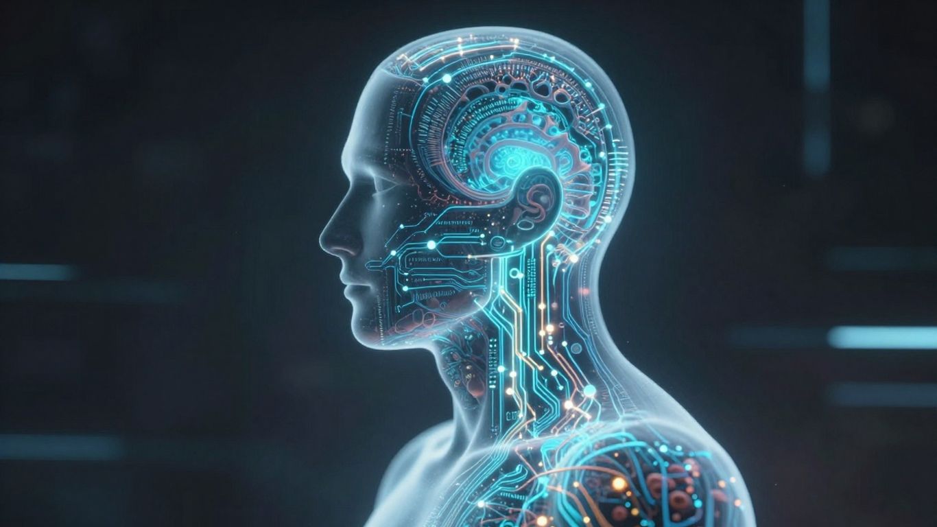 Human silhouette with digital data and biological patterns.